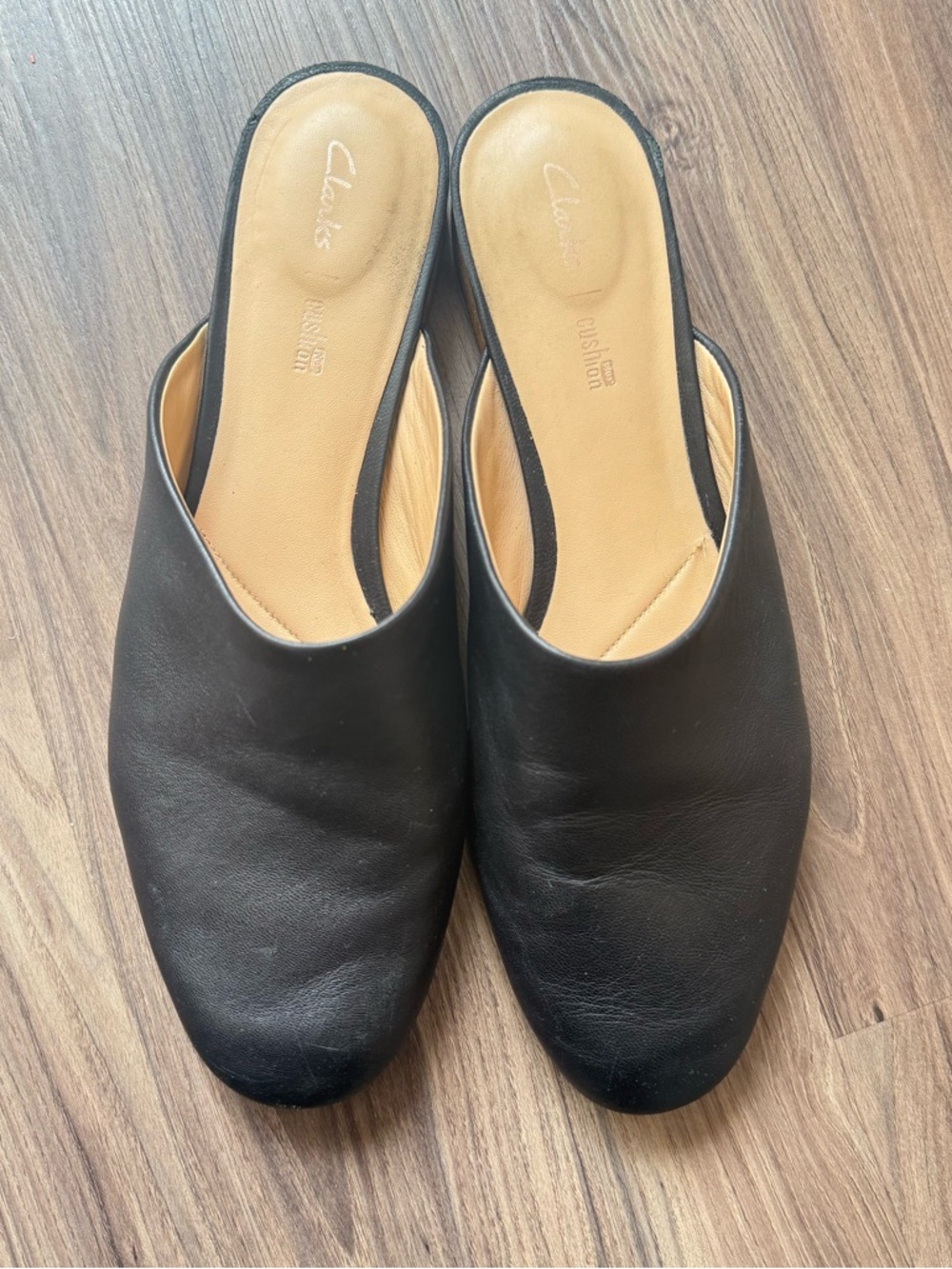 Clarks Black Leather Slip-On Mules with Tan Insole